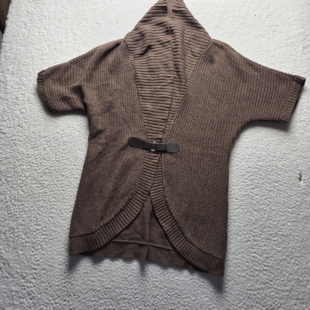 Karen Scott Cardigan Sweater Womens Small Brown Hooded Short Sleeve Buckle Knit